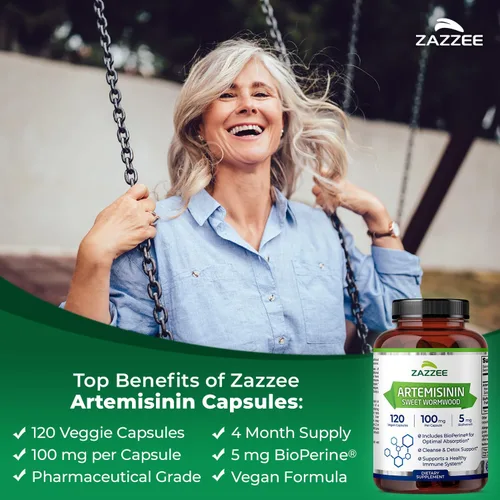 Miniatura 2 de Zazzee - Artemisinina, 100 mg por cápsula, 120 cápsulas veganas, 4 meses de suministro, más 5 mg de BioPerine para una mejor absorción, extracto