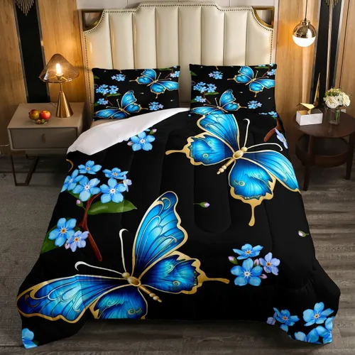 Erosebridal Juego de edredón de mariposa tamaño individual, diseño de flores azules, acuarela, mariposa, floral, para niños, niñas, jóvenes,