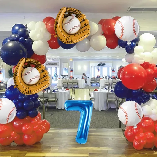 Miniatura 5 de Arco de globos de béisbol con globo azul marino del número 7 de 40 pulgadas, decoraciones de fiesta de 7º cumpleaños para niños con guante