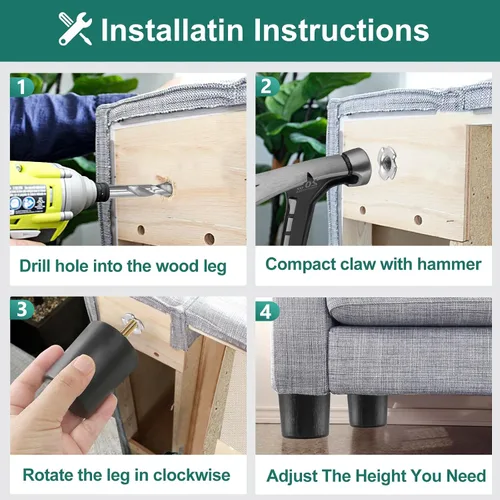 Miniatura 5 de Pernos de rosca métrica M8-1.25, patas de plástico para muebles de 2.4 pulgadas, patas de sofá redondas negras cónicas con tuercas en T, repuesto