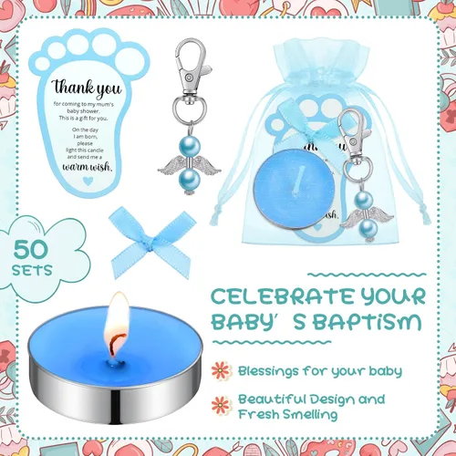 Miniatura 3 de Landical 50 juegos de regalos de baby shower para invitados, incluyendo 50 velas de té sin perfume, 50 llaveros de ángel, 50 bolsas de regalo, 50
