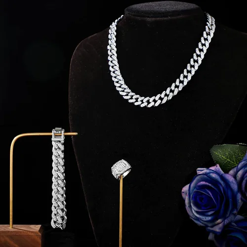 Miniatura 7 de Kenning Juego de 3 piezas de cadena de eslabones de plata, collar de cadena de eslabones de plata, collar de diamantes de imitación, anillo