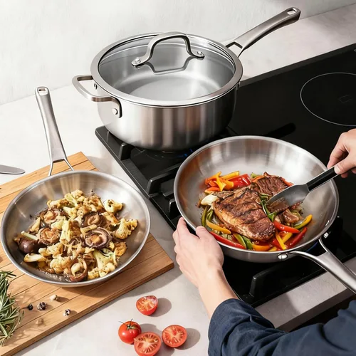 Miniatura 7 de Bonnlo Juego de utensilios de cocina de 10 piezas, juego de ollas y sartenes de acero inoxidable de 3 capas con tapas, juego de cocina no tóxico