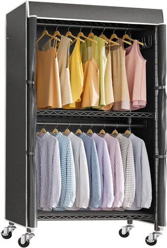 VIPEK R2C Perchero de Ropa Mediano de Servicio Pesado con Ruedas, Perchero Rodante con Cubierta, Perchero de Ropa Ajustable para Colgar Ropa,