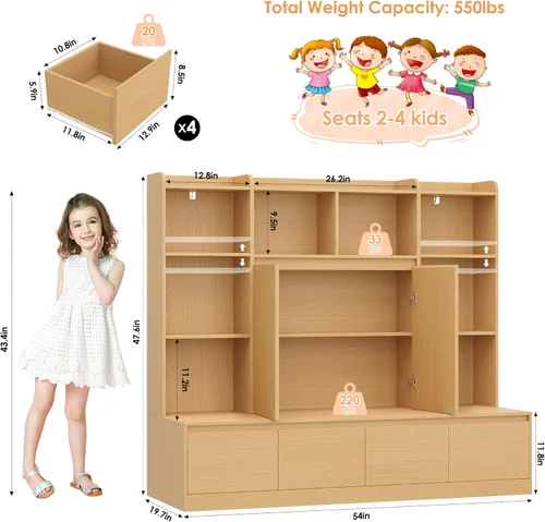 Miniatura 3 de HIFIT Estantería 4 en 1 para niños y organizador de almacenamiento de juguetes con banco, estantería para niños de 10 cubos con rincón de lectura
