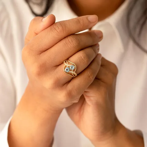 Miniatura 2 de PEORA Anillo de dos piedras aguamarina para mujer, oro amarillo de 14 quilates, piedra preciosa natural, forma redonda total de 1 quilate, tallas 5