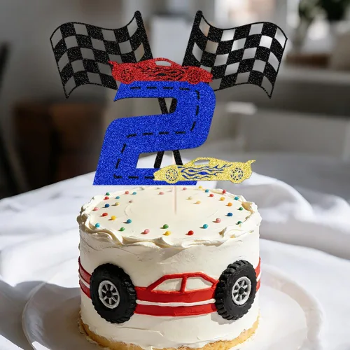 Miniatura 3 de Sleyberoy Decoración de pastel de coche de carreras con bandera a cuadros, decoración de pastel de karting, temática de carreras deportivas
