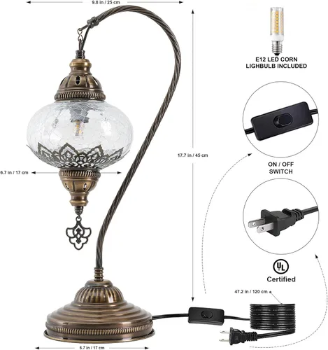 Miniatura 2 de Lámpara de mesa turca marroquí de vidrio transparente con cuello de cisne, pantalla de lámpara estilo bohemio vintage auténtica, lámpara de cuello