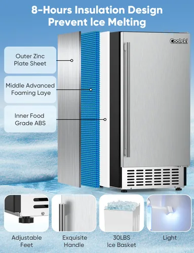 Miniatura 6 de Coolski - Máquina de hielo de 130 libras/día, para debajo de la encimera, de acero inoxidable, independiente, con capacidad de almacenamiento
