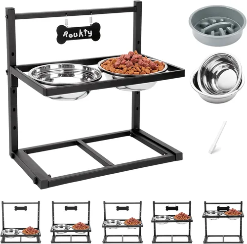 Miniatura 11 de Cuencos Elevados para Perros Grandes, Soporte Elevable Ajustable a 6 Alturas con Alfombrilla, Cuenco de Alimentación Lenta y Tres Cuencos de 1700ML