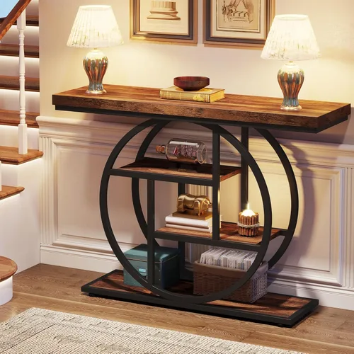 Miniatura 5 de Tribesigns Mesa de Consola de 41.3", Mesa Industrial de 4 Niveles para Sofá Mesa de Entrada con Base Circular, Mesas de Acento de Madera Estrechas