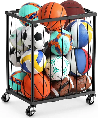 TomCare Estante de almacenamiento rodante para pelotas de garaje, soporte de baloncesto de gran capacidad con cuerda elástica [capacidad para 12 a