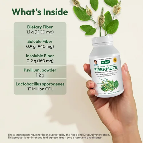Miniatura 3 de ANDREW LESSMAN Fibermucil 180 cápsulas - Polvo de cáscara de psyllium. Promueve suavemente la regularidad y la salud digestiva. Rico en fibra.