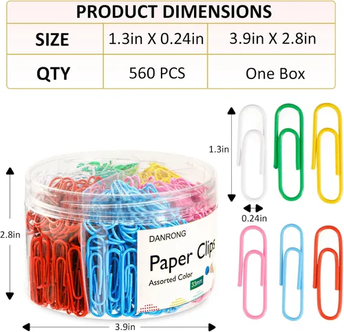 Miniatura 2 de Clips de papel de colores, 560 clips medianos de 1.3 pulgadas (1.299 in), ideales para suministros escolares de oficina, clips coloridos