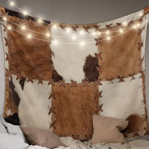 Miniatura 12 de Tapiz para colgar en la pared, tapices estéticos de piel de vaca, estampado de piel de vaca de granja, tapiz marrón para dormitorio, sala de estar