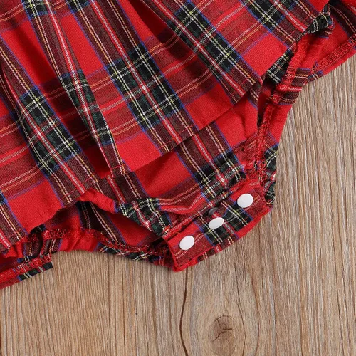 Miniatura 7 de GuliriFei Mameluco de Navidad para bebés y niñas, vestido de body rojo a cuadros para niños pequeños, manga con volantes, traje de fiesta