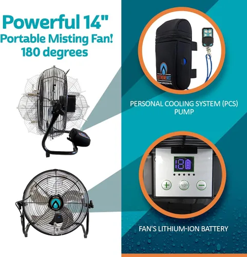 Miniatura 3 de EXTREMEMIST Ventilador de nebulización solar de 14 pulgadas Pro - 4 boquillas de niebla, panel solar de 30 W Bomba desmontable con línea