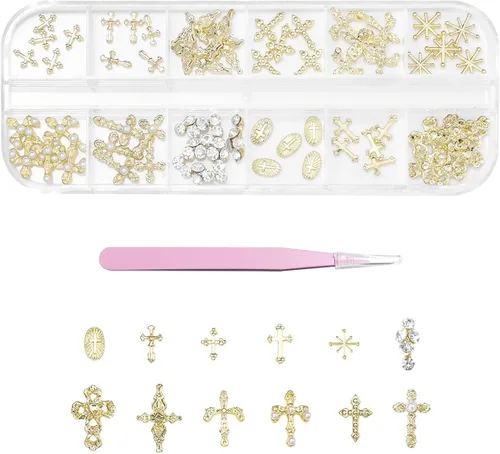 Miniatura 9 de Dijes de cruz 3D, 60 piezas de decoración de uñas de cruz de cristal dorado y plateado para arte de uñas, dijes de cruz de diamantes de imitación