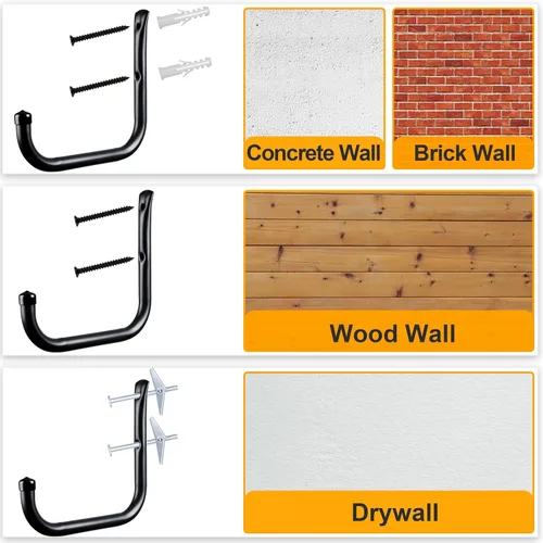 Miniatura 7 de KURUI Ganchos de pared para garaje y jardín, juego de 4 soportes para manguera de agua, gancho grande de almacenamiento para garaje para escalera