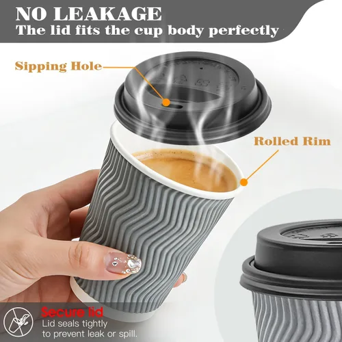 Miniatura 2 de Ginkgo Paquete de 100 tazas de café aisladas desechables de 8 onzas con tapas, vasos de viaje de papel ondulados de doble pared para bebidas