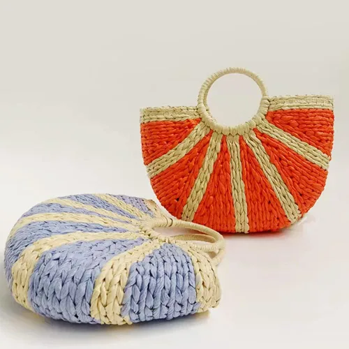 Miniatura 7 de Bolsos de paja de ratán semicírculo, tejido a mano para mujer, bolso de asas retro de paja de verano, bolso cruzado colorido, bolso bohemio
