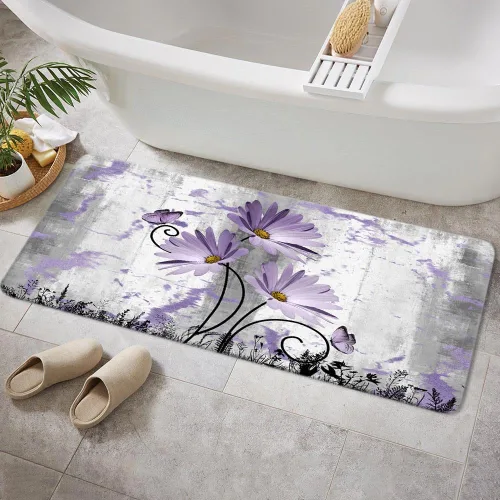 Miniatura 9 de Alfombra de baño rústica de granja, diseño de margaritas y mariposas en madera de campo, tapete de baño de madera color gris, blanco, azul marino