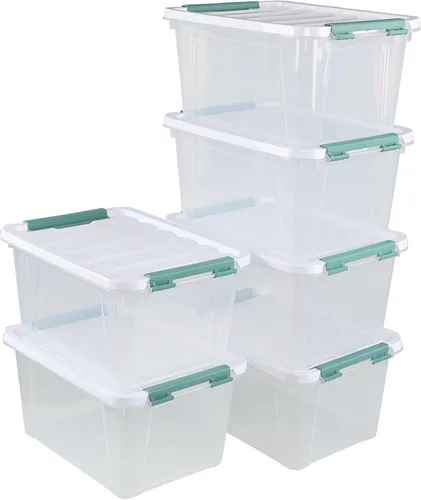 Miniatura 9 de Paquete de 6 cubos organizadores de plástico, caja de almacenamiento con cierre con asas Transparente, para cocina, oficina, dormitorio