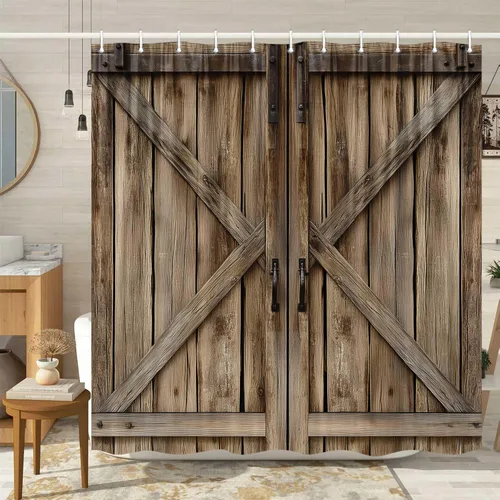 Miniatura 28 de Cortina de ducha de puerta de granero de madera rústica, 60 x 70 pulgadas, beige