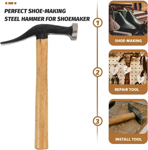 Miniatura 3 de Martillo de reparación de zapatos, herramienta de artesanía de cuero con mango de madera, mazo de zapatero de bricolaje para zapatos de tachuela