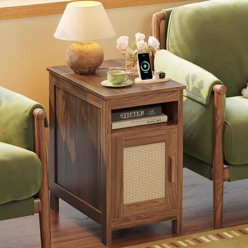 Miniatura 10 de Huuger Mesita de noche estrecha, mesa auxiliar con estación de carga, puerto USB-C, mesa auxiliar de ratán con gabinete y estante abierto, ratán