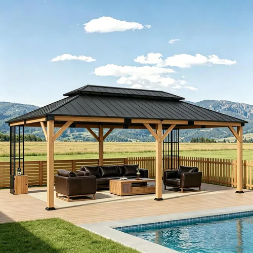 Miniatura 17 de Gotland Gazebo de 10 pies x 12 pies inclinado a la glorieta, gazebo 3 en 1 para exteriores con techo inclinado, kiosco montado en la pared