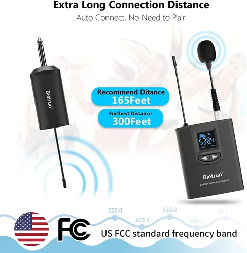 Miniatura 2 de Bietrun - Sistema de micrófono inalámbrico UHF Lavalier de solapa/micrófono para auriculares/micrófono de soporte, rango de 50.3 metros, transmisor