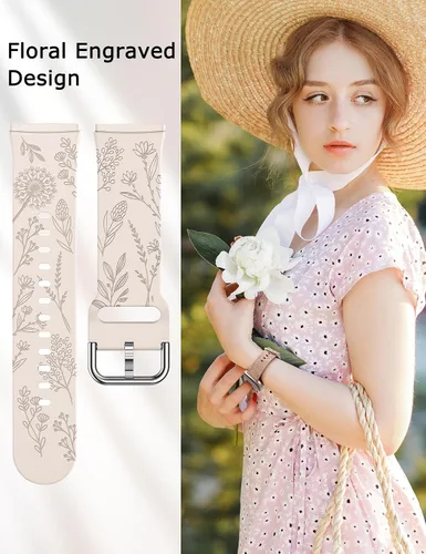 Miniatura 5 de Minyee Paquete de 2 correas grabadas florales compatibles con Fitbit Versa 4/Versa 3/Sense 2/Sense Band para mujer, lindo diseño de girasol
