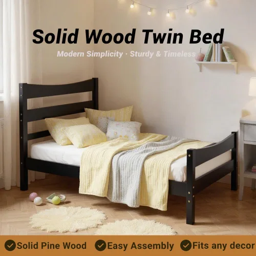 Miniatura 3 de NAFORT Marco de cama de madera de tamaño individual, base de cama con cabecera y estribo, marcos de cama para niños y niñas, base de colchón