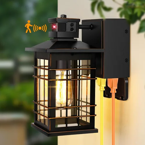 Miniatura 8 de Lámpara exterior con sensor de movimiento para montaje en pared, de bronce aceitado del anochecer al amanecer, impermeable, con base E26, linterna