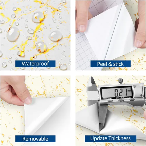 Miniatura 5 de FunStick Papel tapiz moderno de color blanco dorado para despegar y pegar, papel de contacto grueso de mármol blanco roto para encimeras y armarios