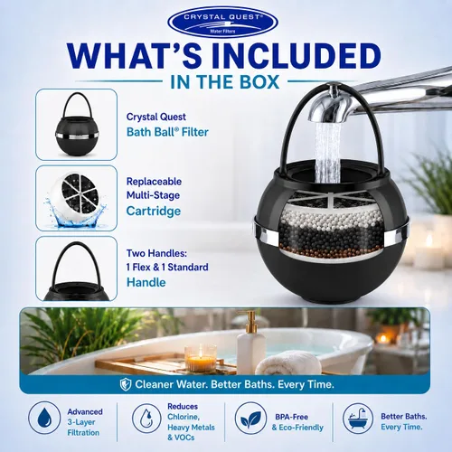 Miniatura 2 de Crystal Quest Filtro de agua de bola de baño para bañera, filtración de 3 etapas, elimina el cloro, la cloramina y los subproductos, 2,500 galones