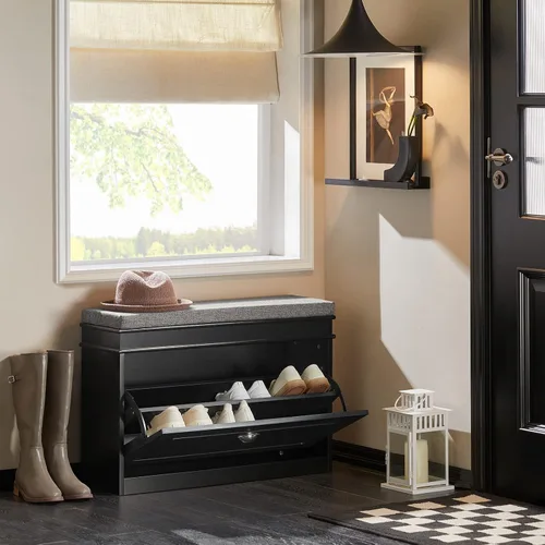 Miniatura 4 de SoBuy pequeño banco de almacenamiento de zapatos, zapatero negro estrecho para entrada, estante para zapatos con cojín y 2 niveles de cajón
