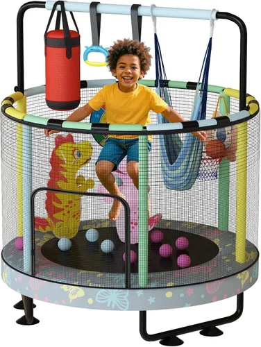 Miniatura 9 de LAMERGE Trampolín redondo 7 en 1 de 55 pulgadas para niños y niñas de 1 a 8 años, trampolín para interiores y exteriores para diversión, barandilla