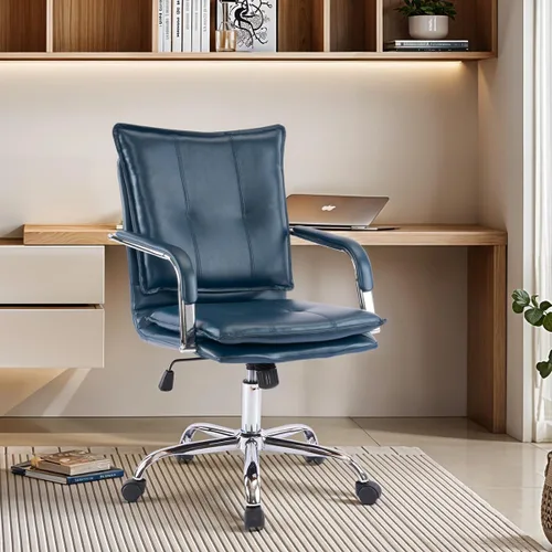 Miniatura 8 de MOJAY Silla de escritorio ergonómica de cuero con respaldo medio, moderna silla tapizada para computadora, silla de oficina ejecutiva con brazos