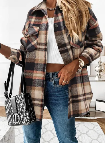 Miniatura 3 de Beaully - Chamarras casuales a cuadros para mujer, de franela cepillada, con botones, camisa con bolsillos