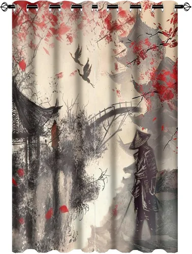 Miniatura 17 de Cortinas opacas abstractas japonesas samuráis para dormitorio, caballo samurái rústico, rojo, ojal, aislamiento térmico, cortinas de oscurecimiento