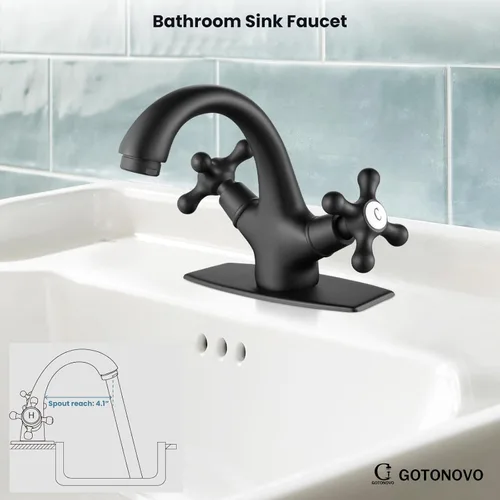Miniatura 6 de gotonovo Grifo de lavabo de baño de un solo agujero, doble mango cruzado, pomos mezcladores para lavabo con drenaje desplegable y placa de cubierta