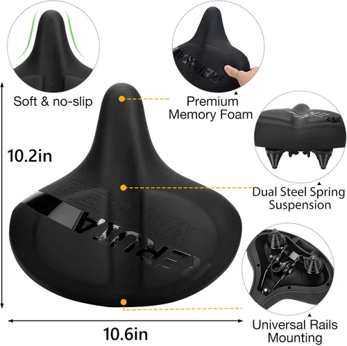 Miniatura 3 de Asiento de bicicleta grande y cómodo, sillín ancho con absorción de impactos, cojín de bicicleta de ejercicio de gran tamaño con espuma