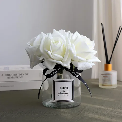 Miniatura 4 de Flores artificiales con rosas blancas en jarrón, flores falsas en tarro de cristal con cinta, arreglos florales de seda en jarrón con flores