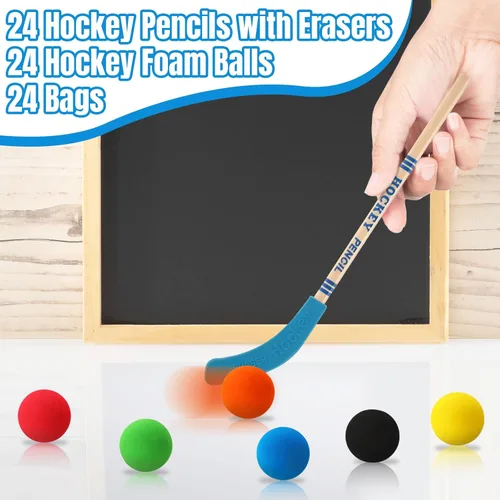 Miniatura 6 de 72 piezas de recuerdos de fiesta de hockey incluyen 24 lápices de hockey con borradores, 24 bolas, 24 bolsas, lápices, bolas de espuma, regalos