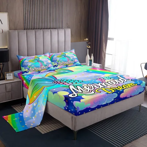 Miniatura 19 de Juego de sábana bajera ajustable de teñido anudado para niñas, juego de ropa de cama con diseño de arco iris degradado de arcoíris, lindo juego