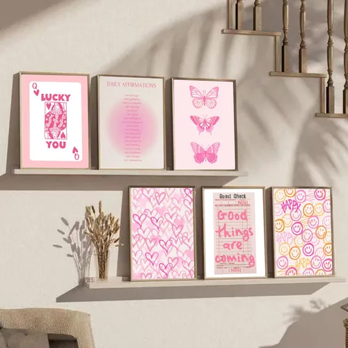 Miniatura 4 de QMV 6 piezas de arte de pared rosa preppy de póquer Halo Digital Room Póster estético mariposa sonriente y2k retro moda estilo universitario
