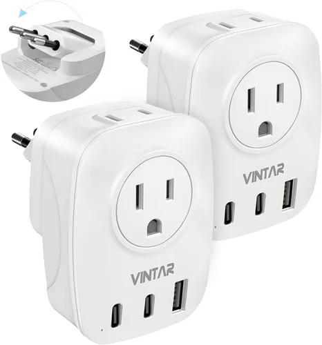 Miniatura 20 de Paquete de 2 adaptadores de enchufe de viaje europeo, VINTAR Adaptador de enchufe de alimentación internacional con 1 USB C, 2 salidas americanas