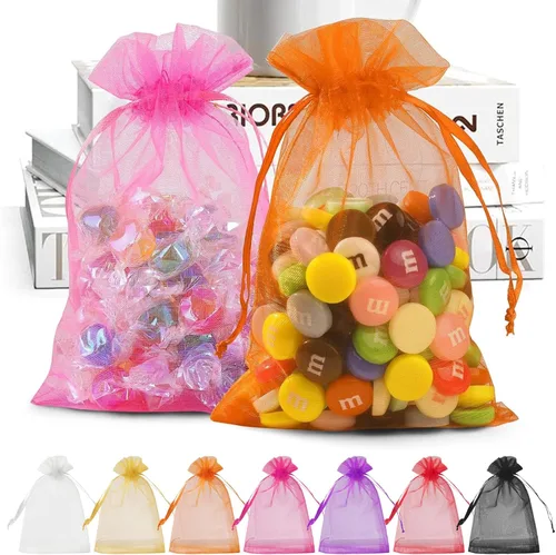 ANZNKU Paquete de 50 bolsas de organza multicolor de 4 x 6 pulgadas, bolsa de malla pequeña con cordón, bolsa de regalo de organza para Navidad,